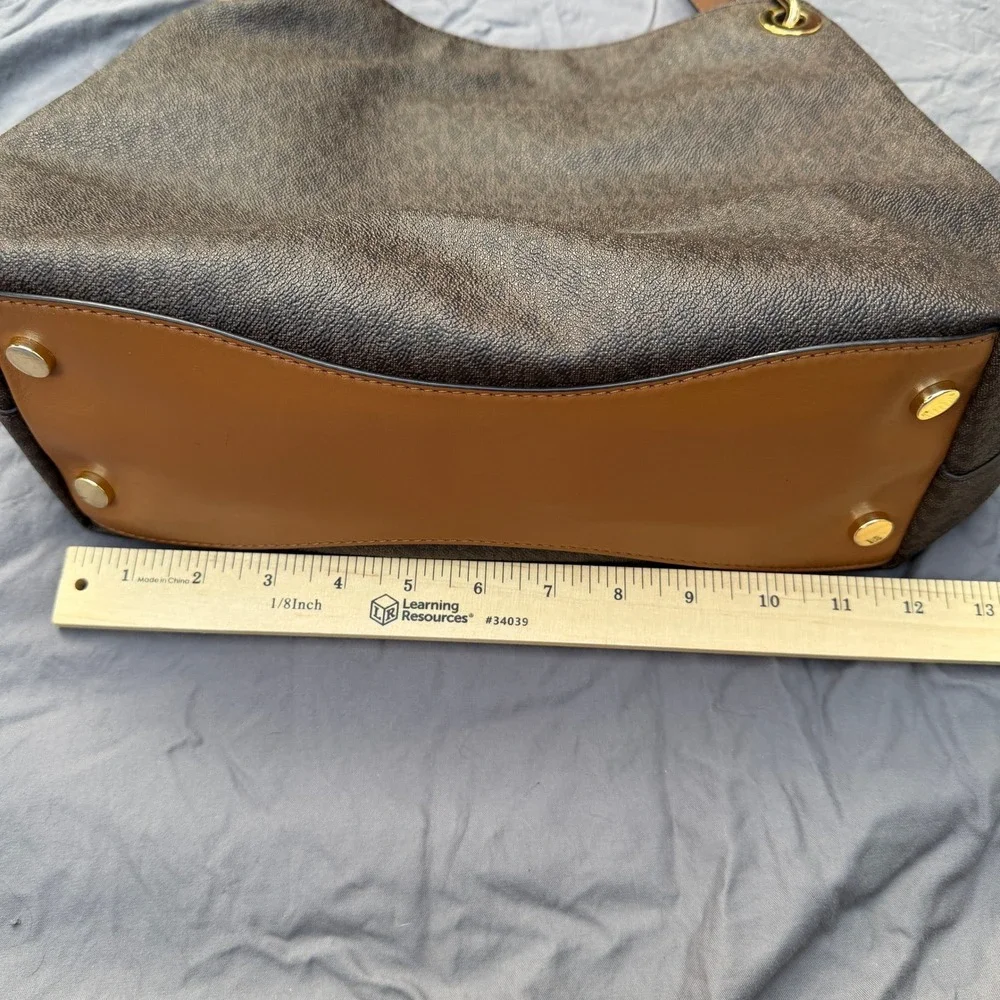 Michael Kors Brown Signature MK PVC Shoulder Tote Bag Acorn Leather Trim Large